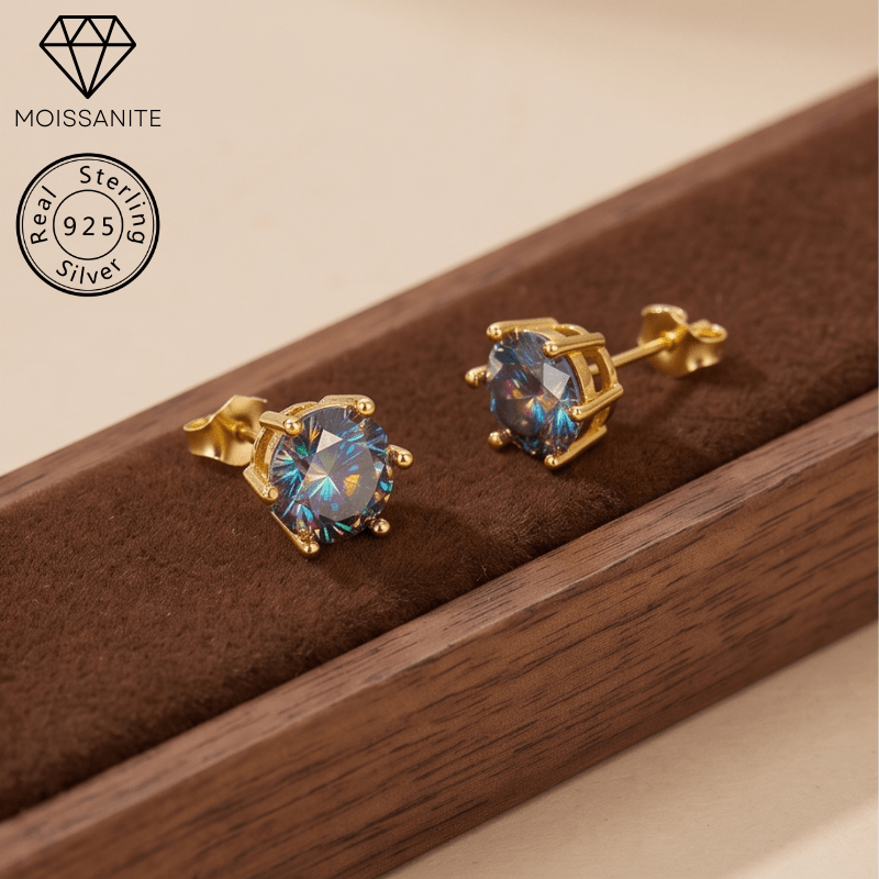 Women's Colorful Blue Moissanite Stud Earrings, Elegant Design